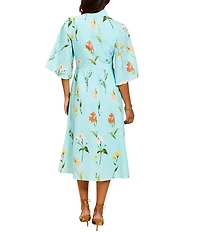 Mestiza New York Carmen Garden Waltz Print Mandarin Collar 3/4 Butterfly Sleeve Midi Dress