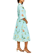 Mestiza New York Carmen Garden Waltz Print Mandarin Collar 3/4 Butterfly Sleeve Midi Dress
