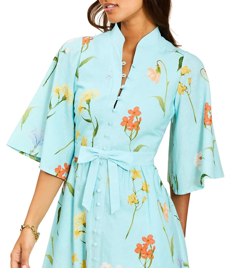 Mestiza New York Carmen Garden Waltz Print Mandarin Collar 3/4 Butterfly Sleeve Midi Dress