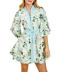 Mestiza New York Carmen Linen Blend Quatrefoil Garden Print Mandarin Collar 3/4 Butterfly Sleeve Mini Dress