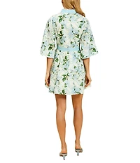 Mestiza New York Carmen Linen Blend Quatrefoil Garden Print Mandarin Collar 3/4 Butterfly Sleeve Mini Dress