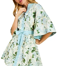 Mestiza New York Carmen Linen Blend Quatrefoil Garden Print Mandarin Collar 3/4 Butterfly Sleeve Mini Dress