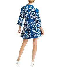 Mestiza New York Carmen Sateen Scroll Print Mandarin Collar 3/4 Full Sleeve Mini A-Line Dress