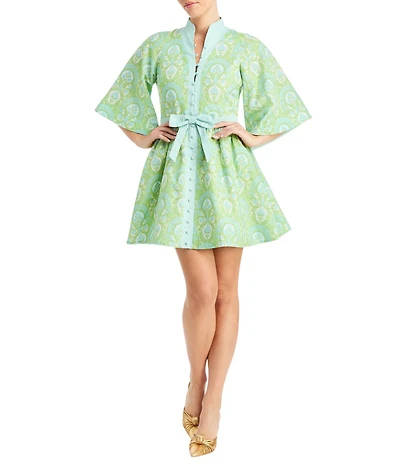 Mestiza New York Carmen Trellis Print Linen Blend Mandarin Collar 3/4 Butterfly Sleeve Tie Waist Mini Dress