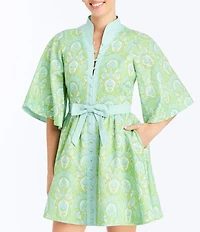Mestiza New York Carmen Trellis Print Linen Blend Mandarin Collar 3/4 Butterfly Sleeve Tie Waist Mini Dress
