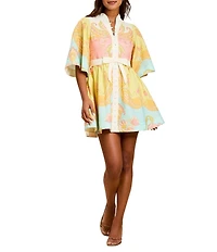 Mestiza New York Carmen Venetian Paisley Mandarin Collar Butterfly Sleeve Mini Dress