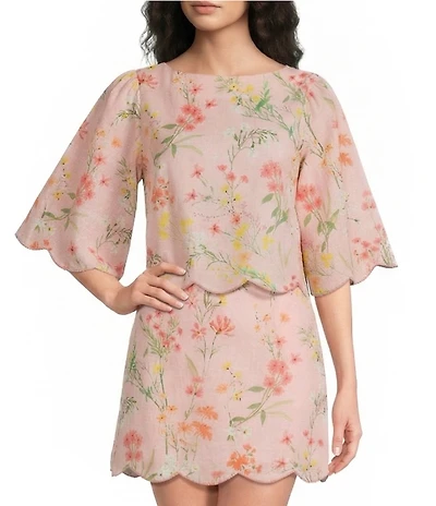 Mestiza New York Charlize Floral Print Boat Neck Elbow Bell Sleeve Coordinating Top