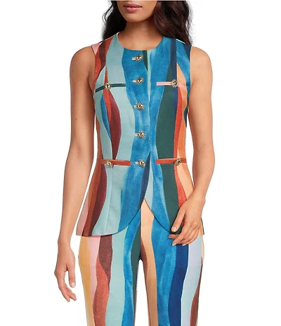 Mestiza New York Claudia Coordinating Abstract Print Crew Neck Gold Button Down Vest