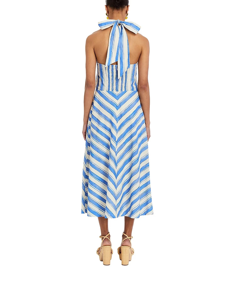 Mestiza New York Copacabana Santorini Linen Blend Stripe Halter Neck Sleeveless Midi Dress