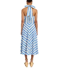 Mestiza New York Copacabana Santorini Linen Blend Stripe Halter Neck Sleeveless Midi Dress