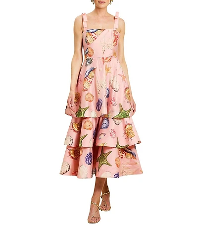 Mestiza New York Darling Linen Organza Blend Seashell Print Square Neck Sleeveless Convertible Tiered Ruffle Midi Dress
