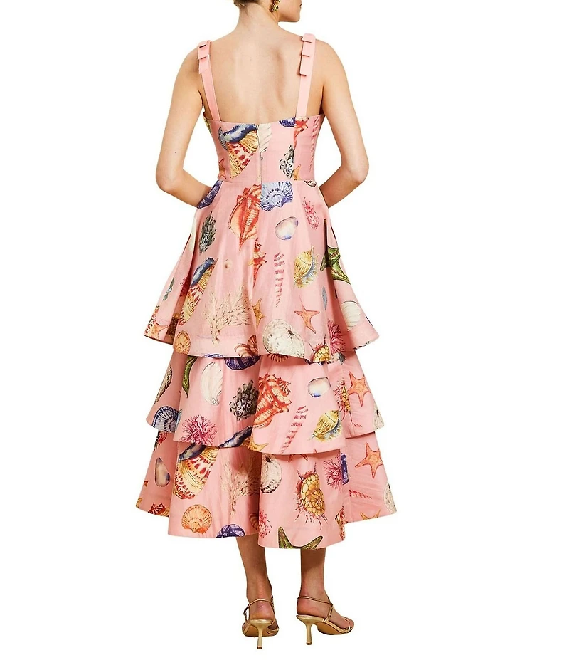 Mestiza New York Darling Linen Organza Blend Seashell Print Square Neck Sleeveless Convertible Tiered Ruffle Midi Dress