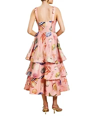 Mestiza New York Darling Linen Organza Blend Seashell Print Square Neck Sleeveless Convertible Tiered Ruffle Midi Dress