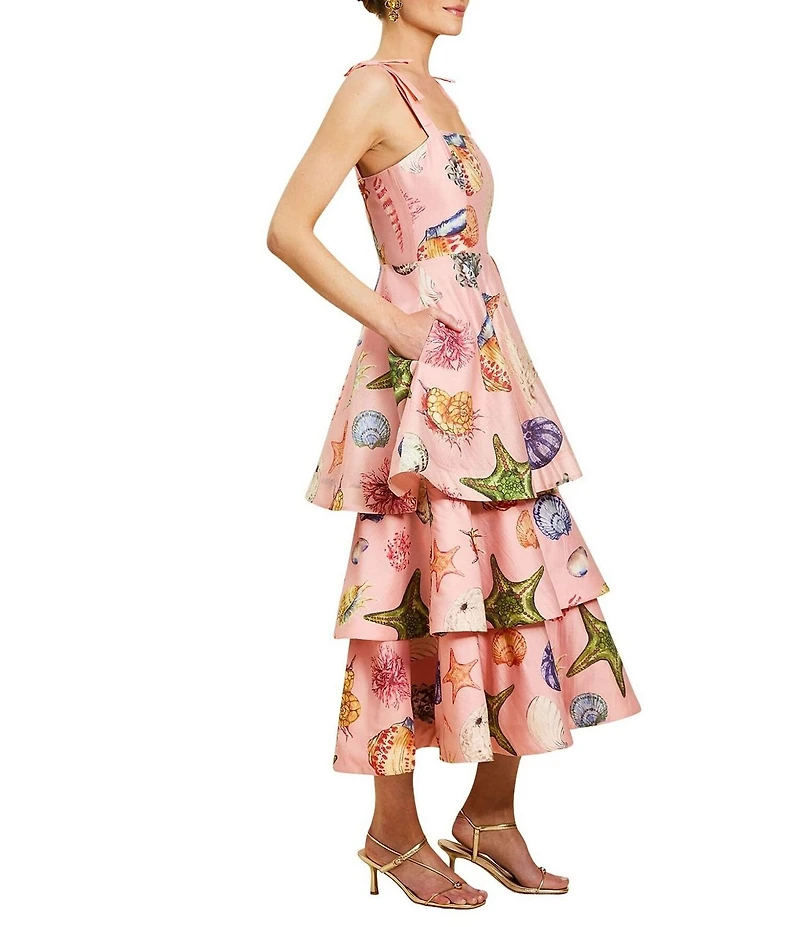Mestiza New York Darling Linen Organza Blend Seashell Print Square Neck Sleeveless Convertible Tiered Ruffle Midi Dress