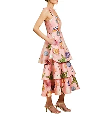 Mestiza New York Darling Linen Organza Blend Seashell Print Square Neck Sleeveless Convertible Tiered Ruffle Midi Dress