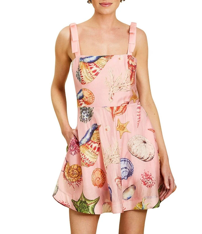 Mestiza New York Darling Linen Organza Blend Seashell Print Square Neck Sleeveless Convertible Tiered Ruffle Midi Dress