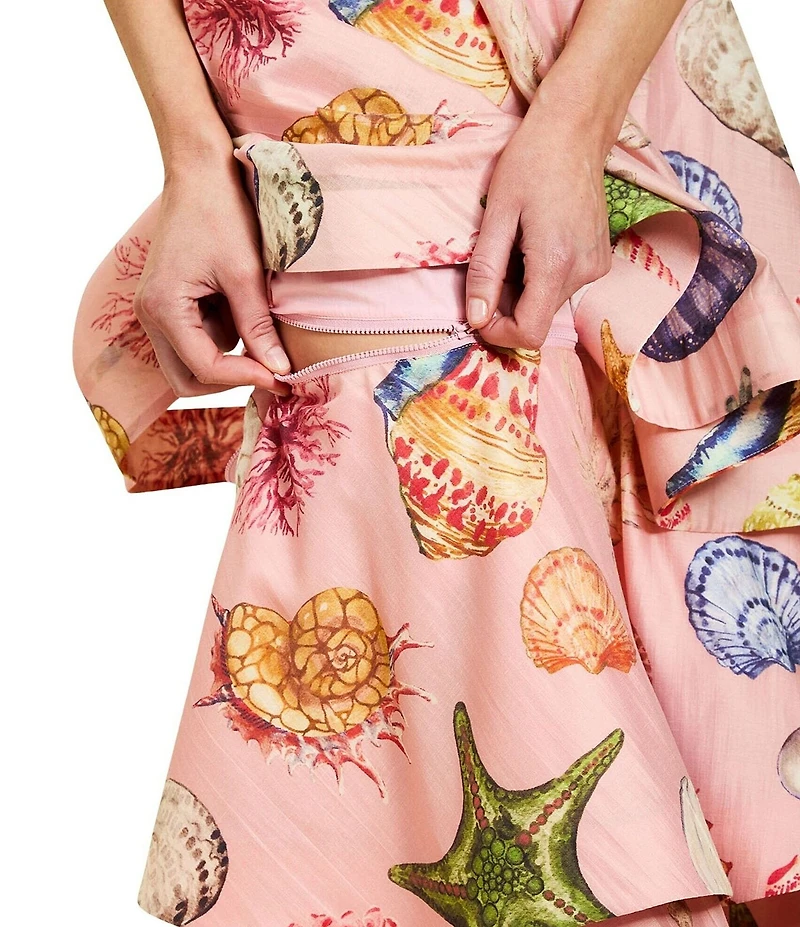 Mestiza New York Darling Linen Organza Blend Seashell Print Square Neck Sleeveless Convertible Tiered Ruffle Midi Dress