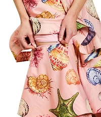 Mestiza New York Darling Linen Organza Blend Seashell Print Square Neck Sleeveless Convertible Tiered Ruffle Midi Dress