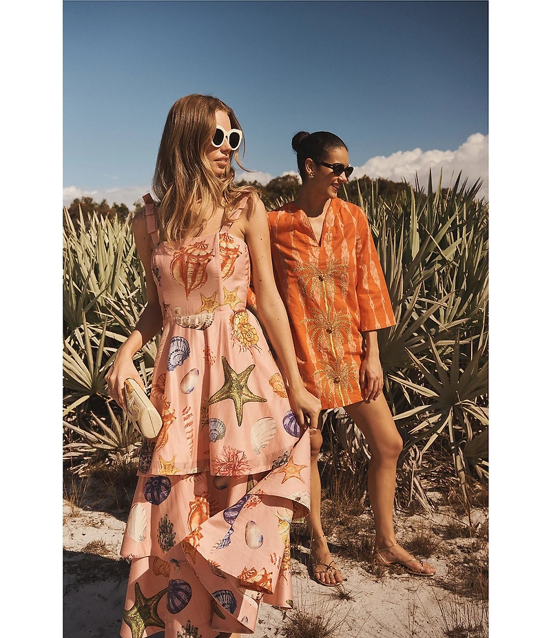 Mestiza New York Darling Linen Organza Blend Seashell Print Square Neck Sleeveless Convertible Tiered Ruffle Midi Dress