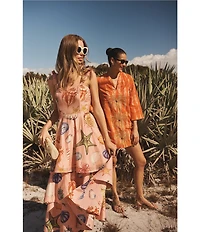 Mestiza New York Darling Linen Organza Blend Seashell Print Square Neck Sleeveless Convertible Tiered Ruffle Midi Dress