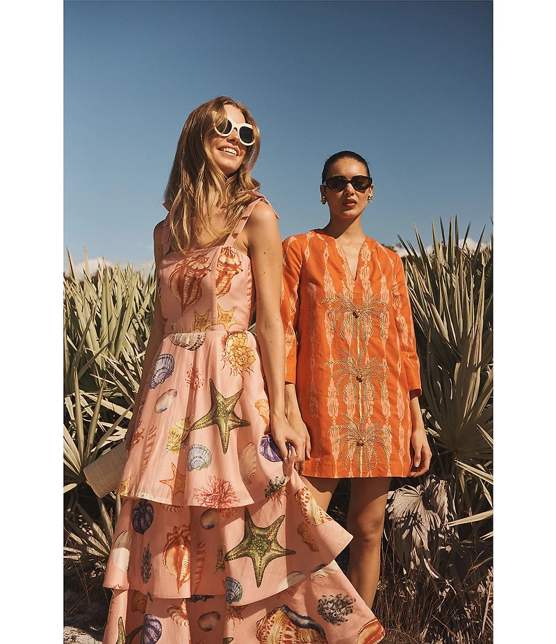 Mestiza New York Darling Linen Organza Blend Seashell Print Square Neck Sleeveless Convertible Tiered Ruffle Midi Dress