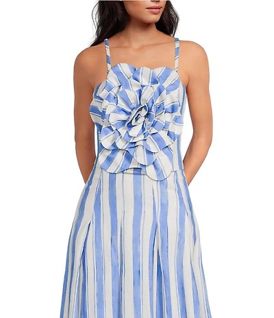 Mestiza New York Dominique Coordinating Linen Blend Stripe Square Neck Smocked Sleeveless Flower Top