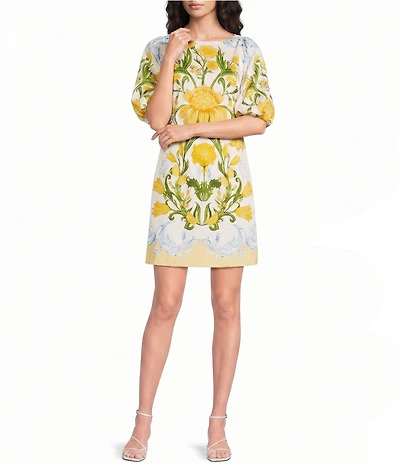 Mestiza New York Donovan Cotton Poplin Lemon Verbena Boat Neck Short Balloon Sleeve Sheath Dress