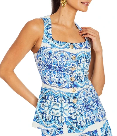 Mestiza New York Elena Printed Tailored Squared Scoop Neck Sleeveless Coordinating Top