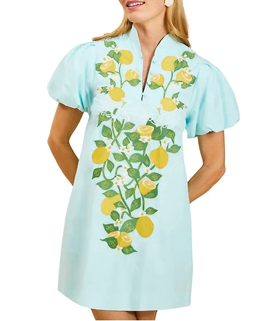 Mestiza New York Eliana Sorrento Citrus Embroidered Mandarin Collar Short Puff Sleeve Mini Dress