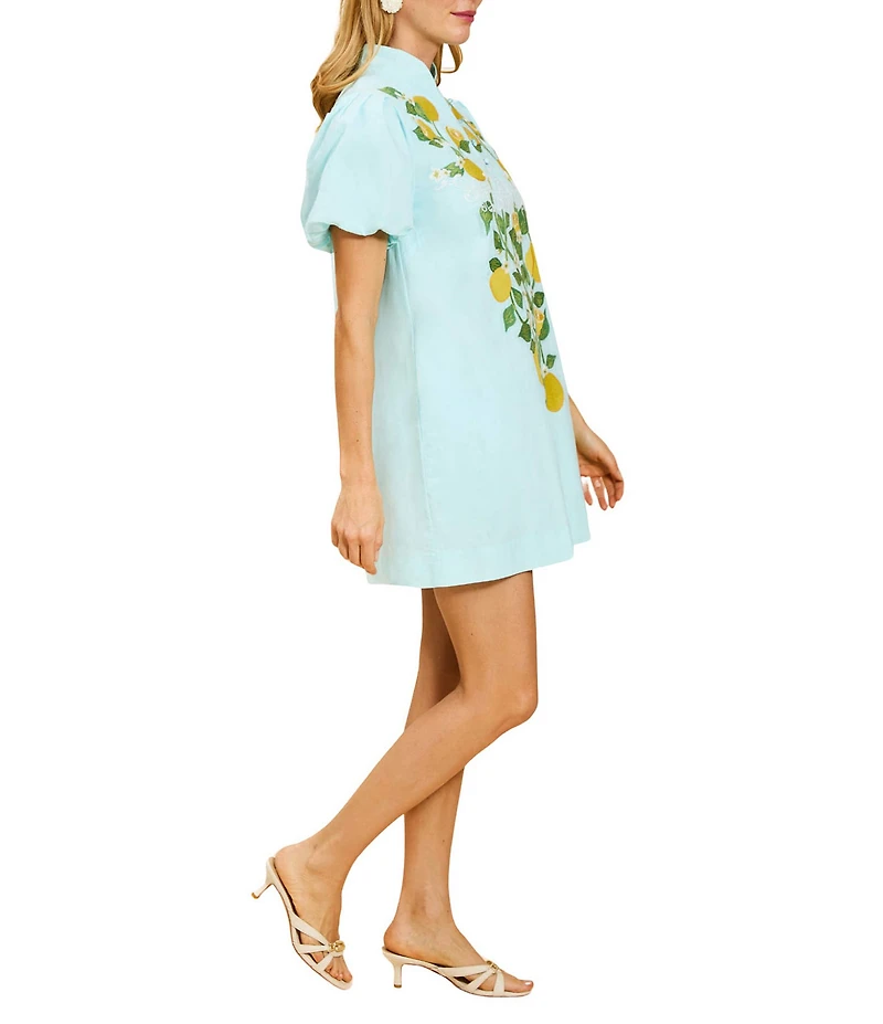 Mestiza New York Eliana Sorrento Citrus Embroidered Mandarin Collar Short Puff Sleeve Mini Dress
