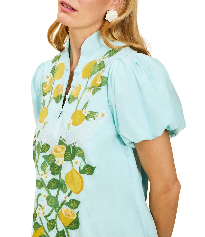 Mestiza New York Eliana Sorrento Citrus Embroidered Mandarin Collar Short Puff Sleeve Mini Dress