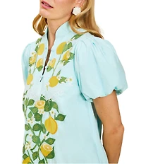 Mestiza New York Eliana Sorrento Citrus Embroidered Mandarin Collar Short Puff Sleeve Mini Dress