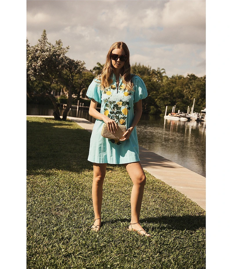 Mestiza New York Eliana Sorrento Citrus Embroidered Mandarin Collar Short Puff Sleeve Mini Dress