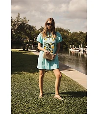 Mestiza New York Eliana Sorrento Citrus Embroidered Mandarin Collar Short Puff Sleeve Mini Dress