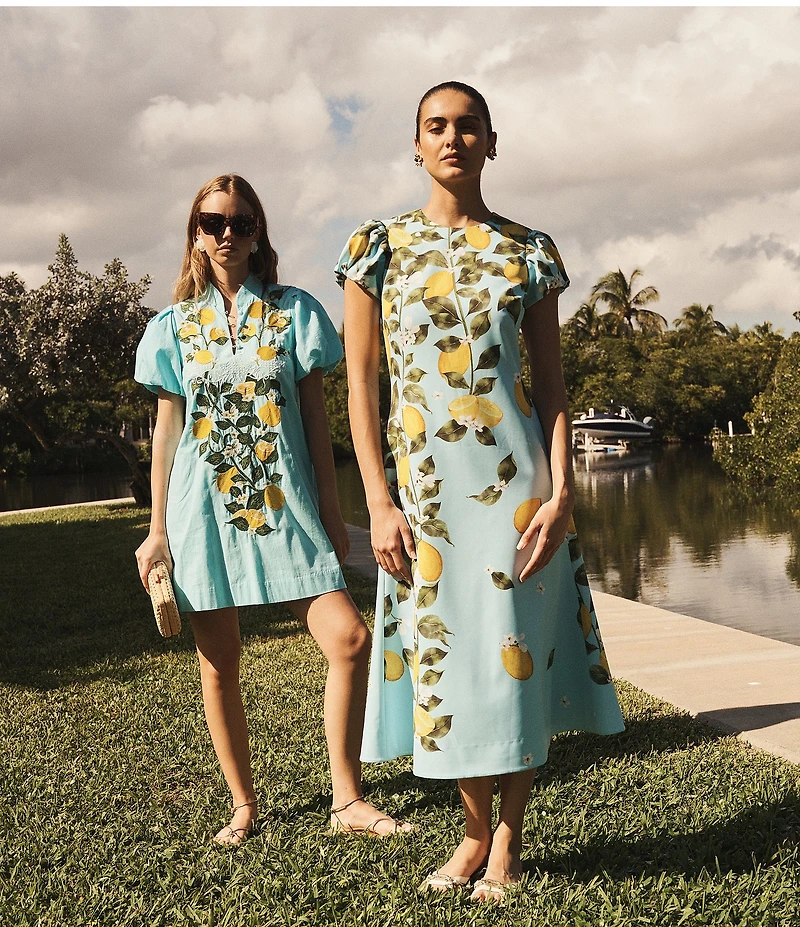 Mestiza New York Eliana Sorrento Citrus Embroidered Mandarin Collar Short Puff Sleeve Mini Dress