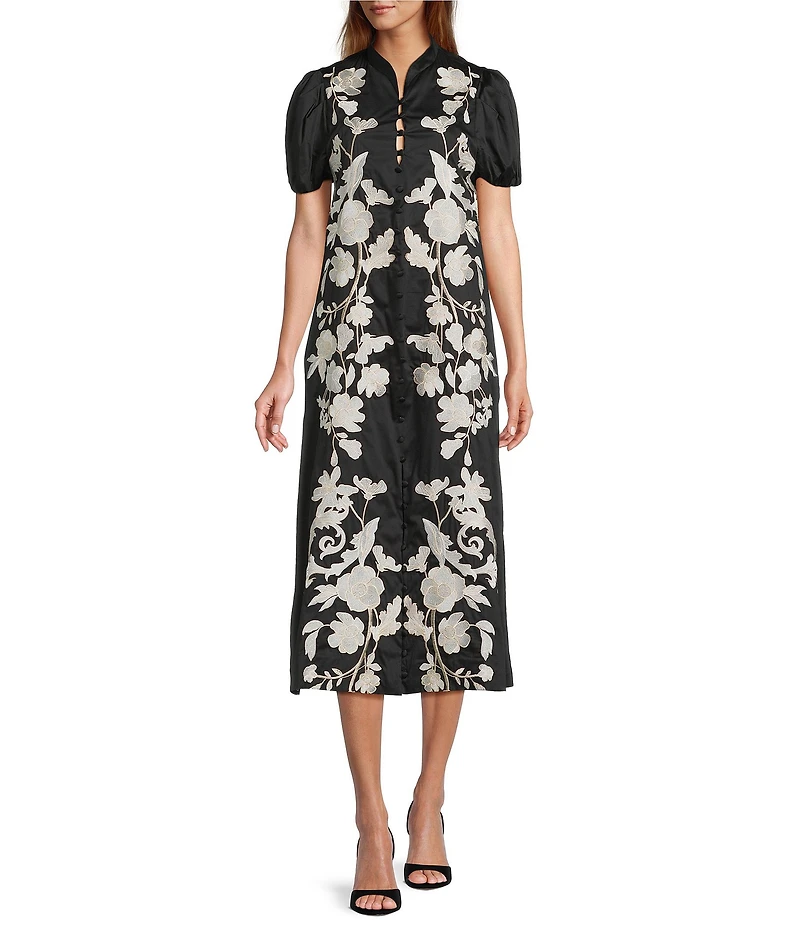 Mestiza New York Elliana Barong Floral Embroidery Mandarin Collar Short Puff Sleeve Midi Dress
