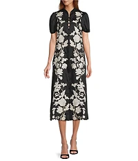 Mestiza New York Elliana Barong Floral Embroidery Mandarin Collar Short Puff Sleeve Midi Dress