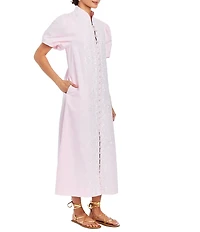 Mestiza New York Elliana Barong Woven Embroidered Mandarin Short Puff Sleeve Midi Dress