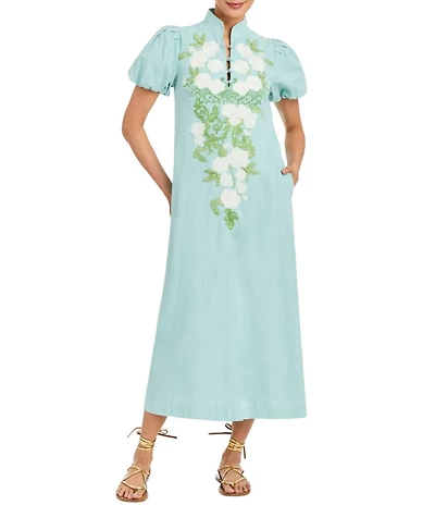 Mestiza New York Elliana Floral Embroidered Applique Mandarin Collar Short Puff Sleeve Midi Dress