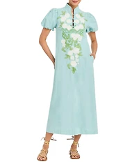 Mestiza New York Elliana Floral Embroidered Applique Mandarin Collar Short Puff Sleeve Midi Dress