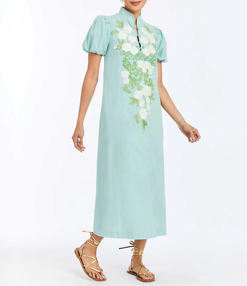 Mestiza New York Elliana Floral Embroidered Applique Mandarin Collar Short Puff Sleeve Midi Dress