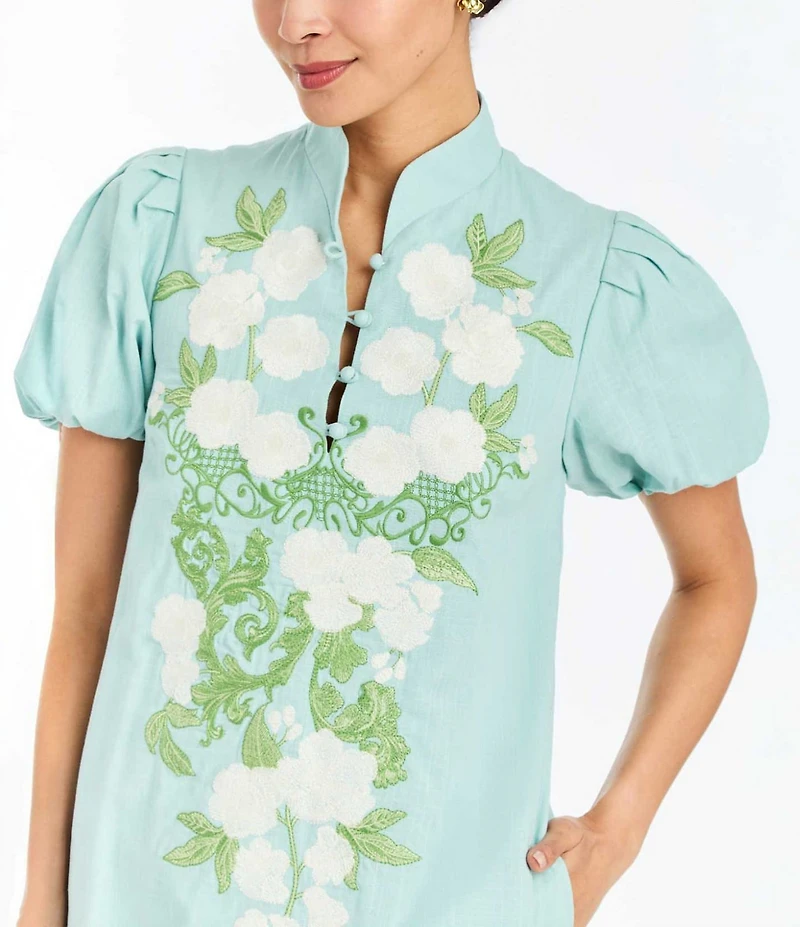 Mestiza New York Elliana Floral Embroidered Applique Mandarin Collar Short Puff Sleeve Midi Dress