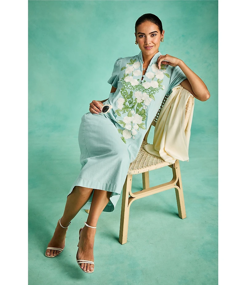 Mestiza New York Elliana Floral Embroidered Applique Mandarin Collar Short Puff Sleeve Midi Dress