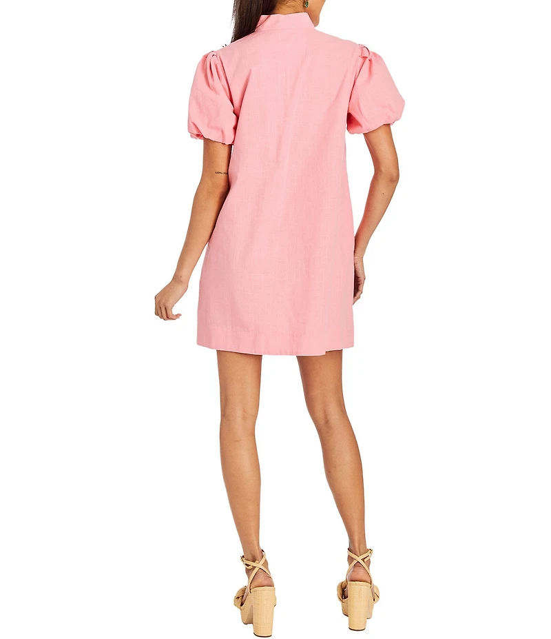 Mestiza New York Elliana Floral Embroidered Mandarin Collar Button Front Short Puff Sleeve Dress