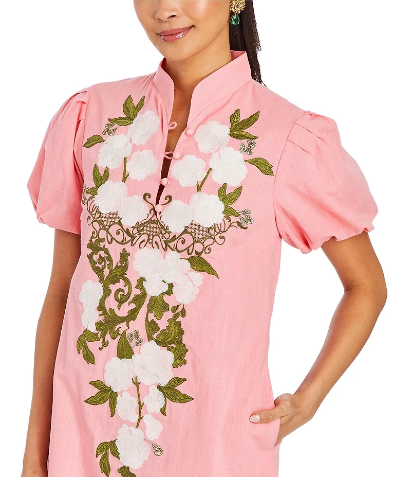 Mestiza New York Elliana Floral Embroidered Mandarin Collar Button Front Short Puff Sleeve Dress
