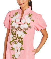 Mestiza New York Elliana Floral Embroidered Mandarin Collar Button Front Short Puff Sleeve Dress
