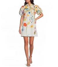 Mestiza New York Elliana Floral Garden Print Mandarin Collar Short Puff Sleeve Mini Dress