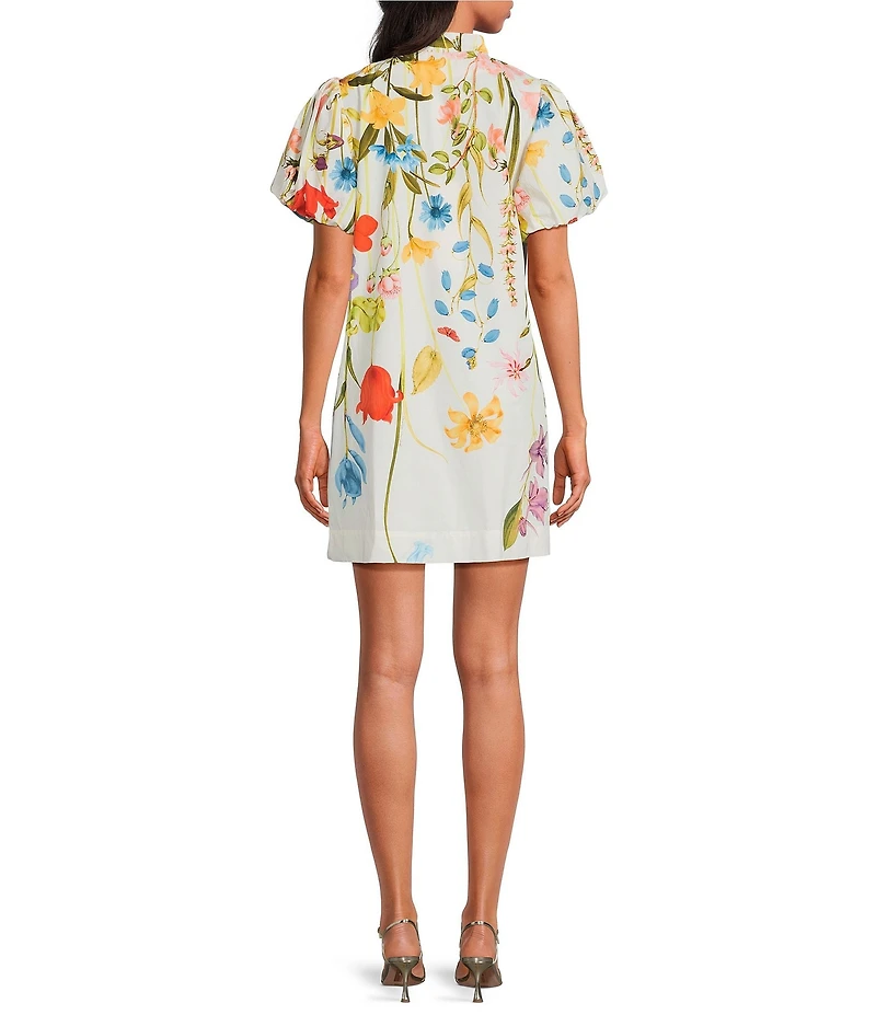 Mestiza New York Elliana Floral Garden Print Mandarin Collar Short Puff Sleeve Mini Dress