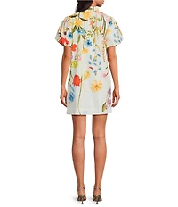 Mestiza New York Elliana Floral Garden Print Mandarin Collar Short Puff Sleeve Mini Dress