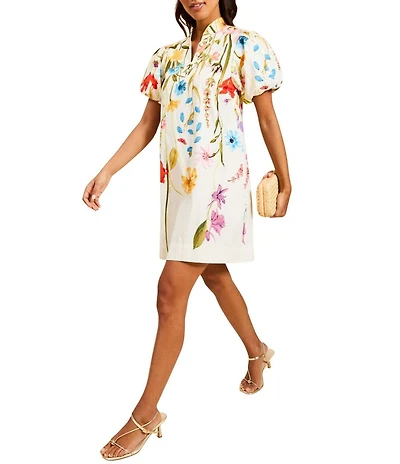 Mestiza New York Elliana Floral Garden Print Mandarin Collar Short Puff Sleeve Mini Dress